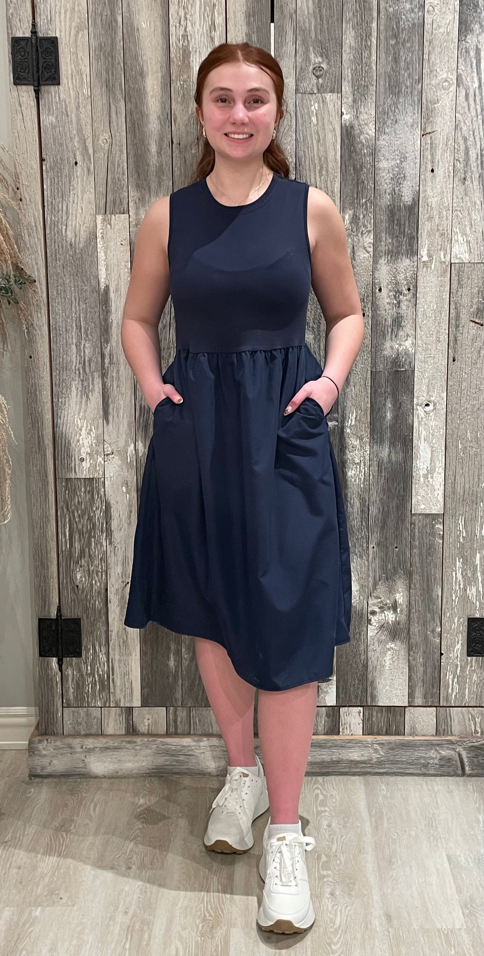 Sleeveless Knit Top and Poplin Woven Skirt Midi Dress With Side Pocket Mainstream Boutique Omaha Sleeveless Knit Top and Poplin Woven Skirt Midi Dress With Side Pocket Mainstream Boutique Omaha