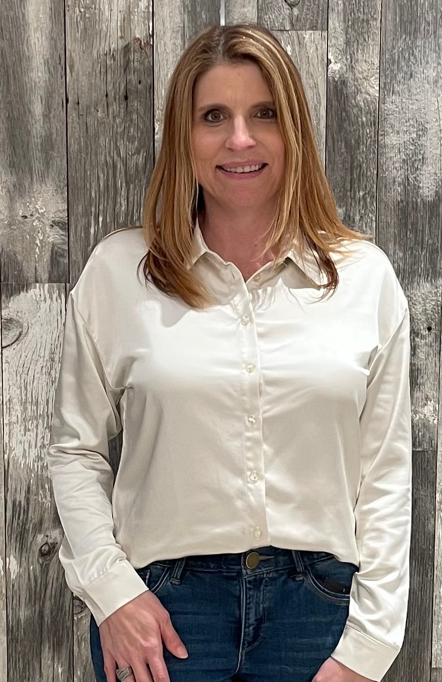 white satin button front shirt